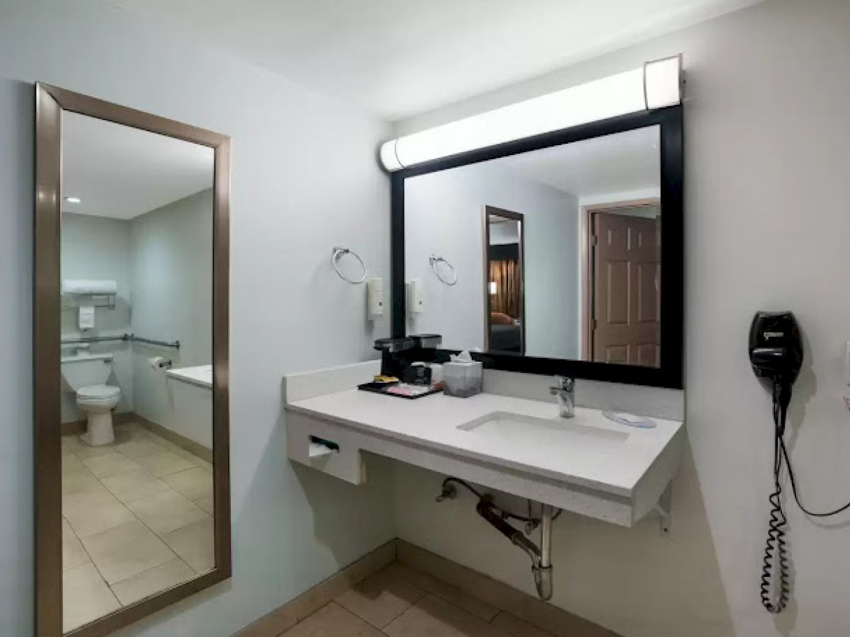 A bathroom with a large mirror, sink, wall-mounted hairdryer, and a reflection of a toilet area in a full-length mirror.