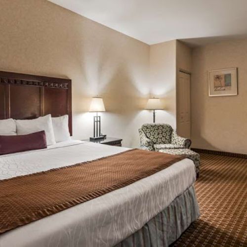 A hotel room with a large bed, cushioned chair, lamps, and artwork on the wall. The carpet and lighting create a warm atmosphere.