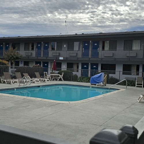 The image shows a motel courtyard with an outdoor pool, surrounded by lounge chairs and umbrellas under a partly cloudy sky.