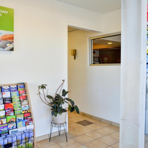 The image shows a lobby area with a brochure stand, a potted plant, an entrance door, and a poster about downloading an app.