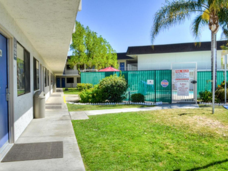 The image shows a motel courtyard with grass, a pool fence, and palm trees under a clear blue sky.